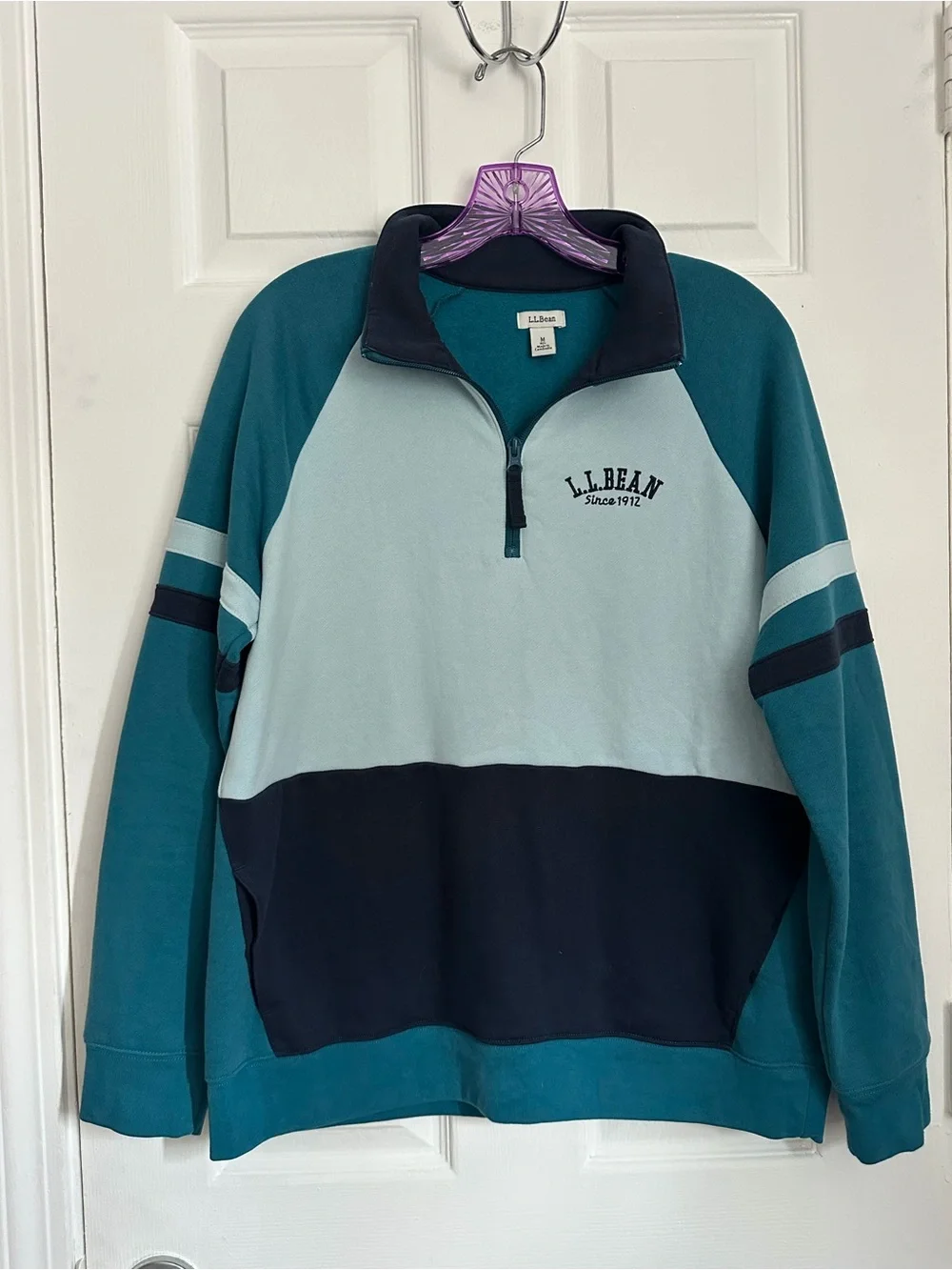 L.L. Bean Teal, Light Blue & Navy Colorblock Zip Pullover